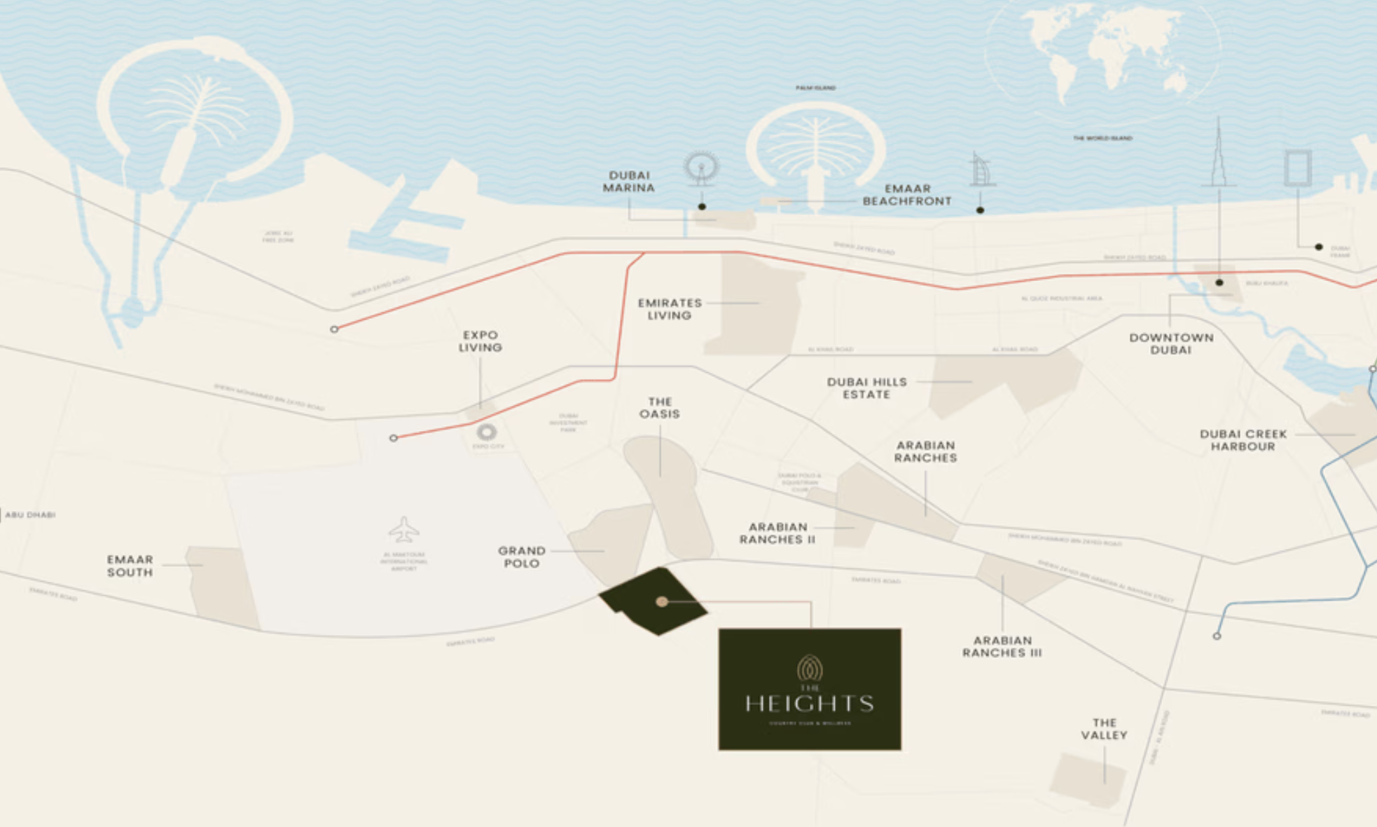 The Heights location map showing proximity to Dubai landmarks